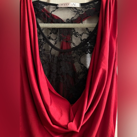 Red Draped Mini Dress with Lace Detail - Picture 2 of 6